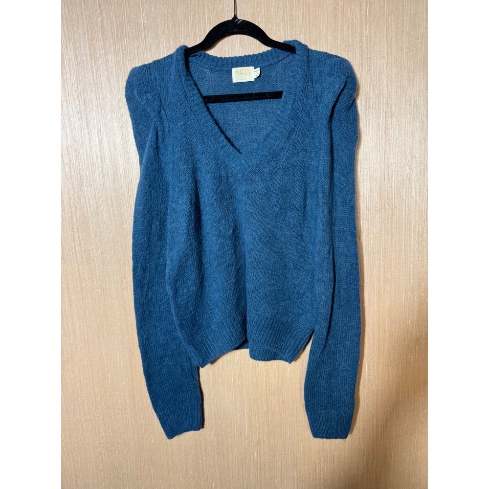Nation LTD Teal Blue Baby Alpaca Merino Wool Puff Shoulder V-Neck Sweater S